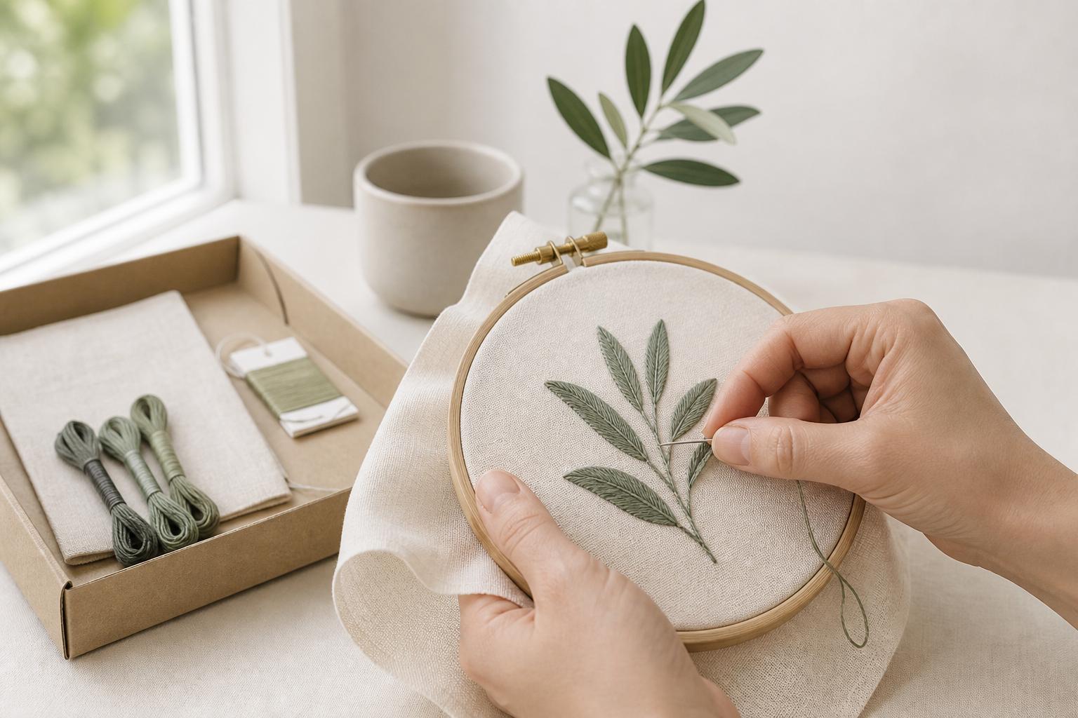 Hands making botanical embroidery